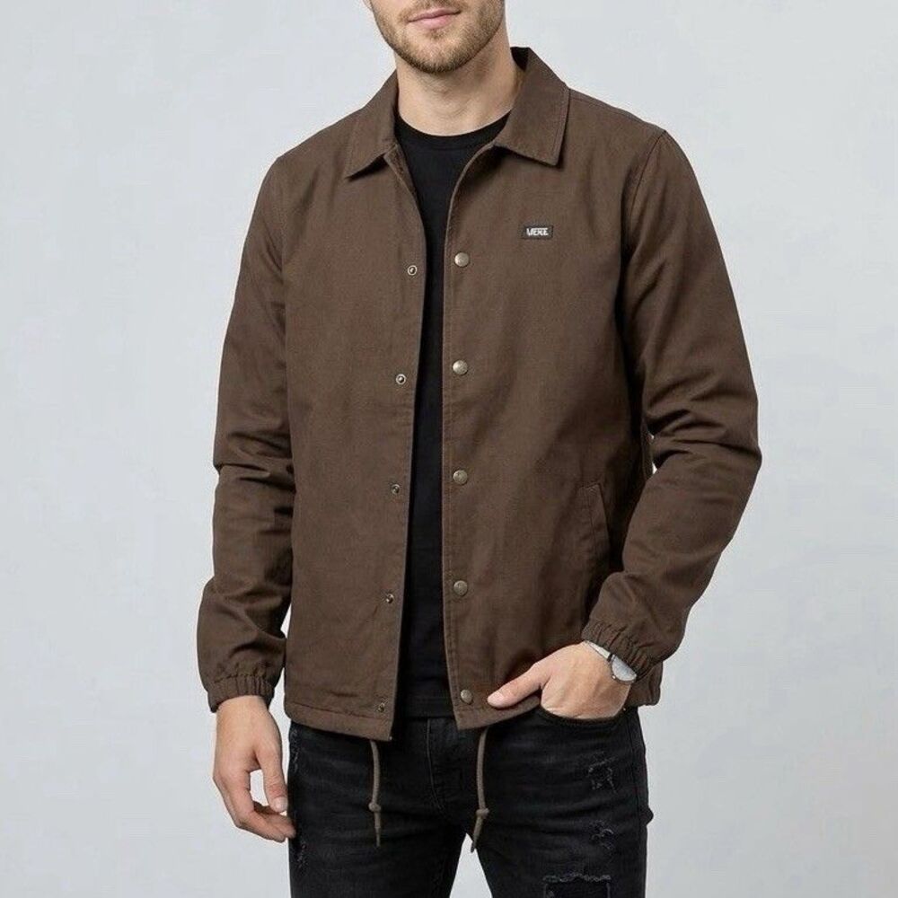 Vans Mens Small Brown Canvas Coach Jacket Skate Streetwear Snap Front Grunge